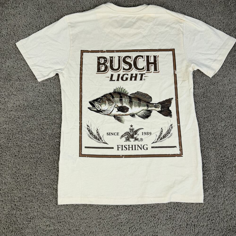 Busch Light Shirt Mens S Cream Fishing Beer Graphic Crew Neck Cotton Tagless